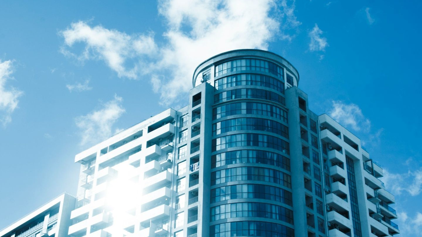 Modern office building under bright sky