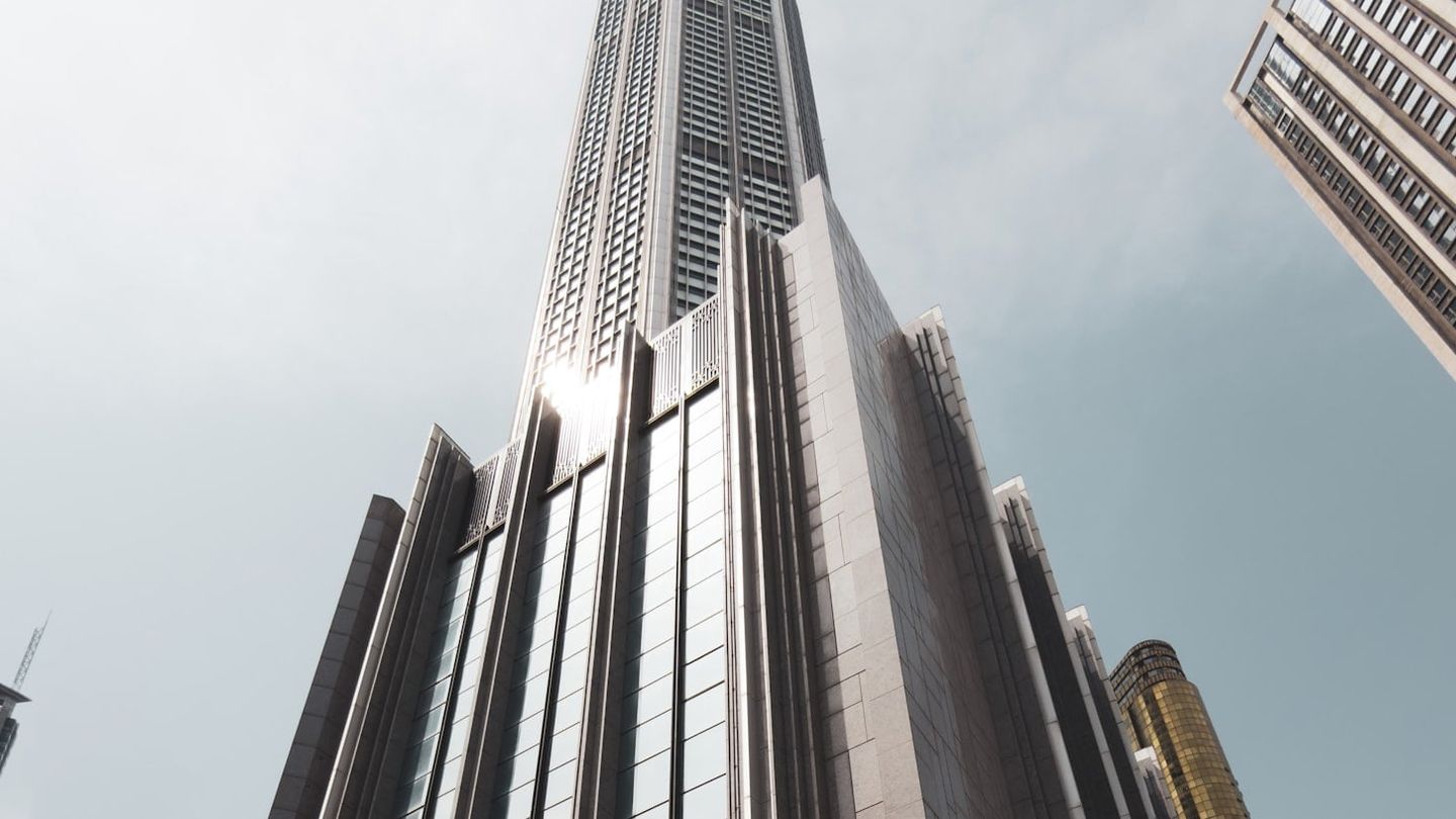 Modern skyscraper under bright daylight