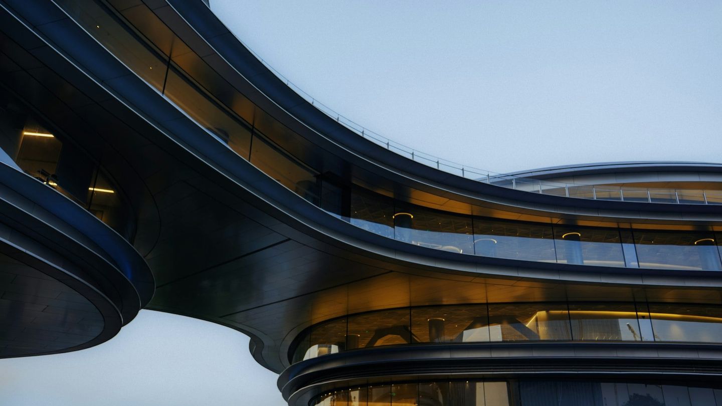 Modern office building under bright sky