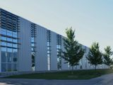 Modern office building under bright sky
