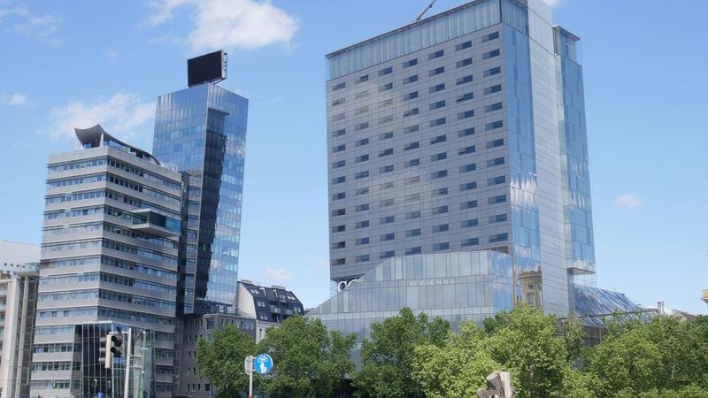 Modern office building under blue sky
