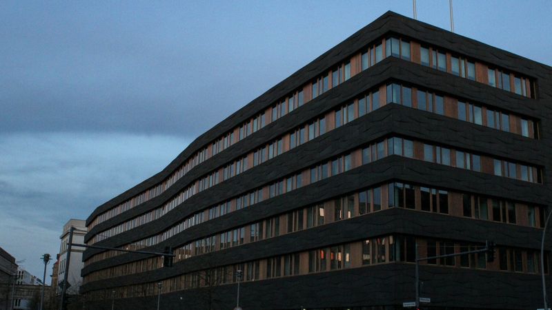 Modern office building under clear sky